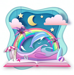 Open fairy tale book with dolphin and tropic beach landscape. Cut out paper art style design