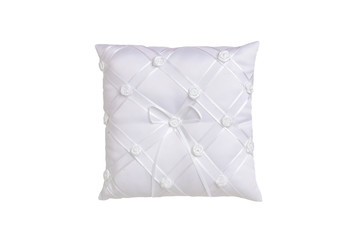 Pillows isolated. Beautiful white wedding rings pillow isolated on a white background. Concept of...