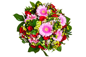 Flower bouquet isolated. Bouquet of beautiful fresh flowers top view isolated on a white background.  Flower decorations design element. Birthday, Mother day and other festivals.
