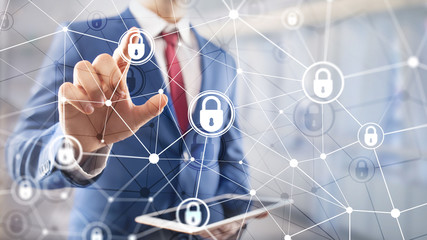 Cyber security, information privacy, data protection concept on modern server room background. Internet and digital technology concept.