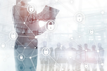 Cyber security, information privacy, data protection concept on modern server room background....