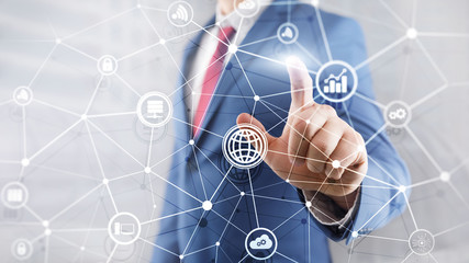 ICT - information and telecommunication technology and IOT - internet of things concepts. Diagrams with icons on server room backgrounds.