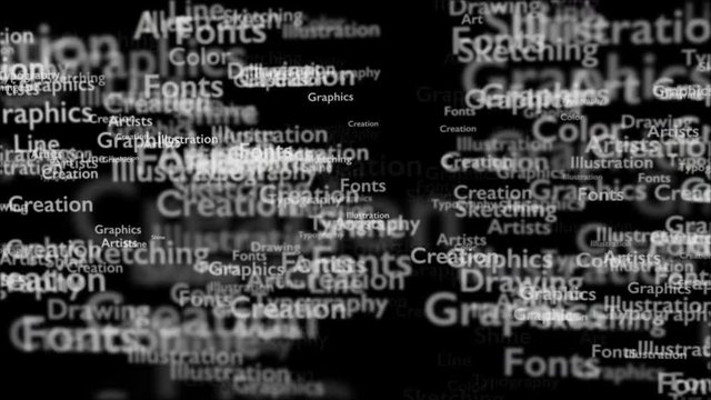 Black background with different words, which deal with design. Close up. Copy space. 3D. Animatiom. 4K.