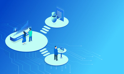 Fototapeta premium Infographic template for report design. Financial analytic company landing page. Business isometric concept. Financial statistics. Business technology background. 3d vector illustration. Presentation