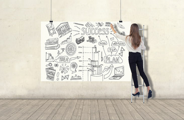 Young woman standing on a ladder and drawing a business plan sketch on a white banner. 3d render elements in collage