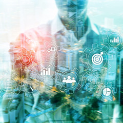 Business process automation concept. Gears and icons on abstract background.
