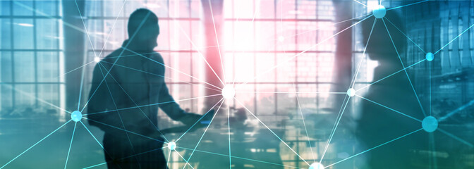 Blockchain network on blurred skyscrapers background. Financial technology and communication concept.