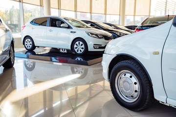 New cars at dealer showroom close view