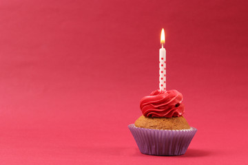 Delicious cupcake with a candle on a colored background with space to insert text. Festive...