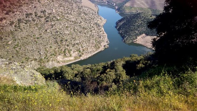 Valeira Dam and surrounding landscape near the village of Sao Joao da Pesqueira, Portugal. Concept for travel in Portugal and most beautiful places in Portugal.