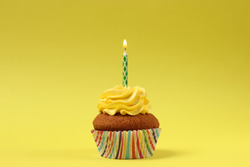  Delicious cupcake with a candle on a colored background with space to insert text. Festive...