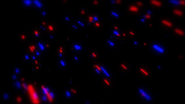 Neon stripes rain. Retro style 3d animation on black background. Glow red and blue lines.