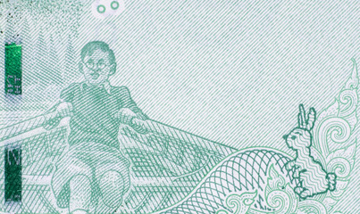 The story and biography of King Rama 9 on Thai Banknotes. Macro 1:1 Photograph.