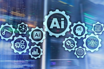 Artificial intelligence hi-tech business technologies concept. Futuristic server room background. AI.