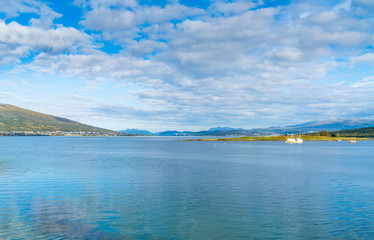 View of the Sandnessundet strait and islands Tromsoya and Kvaloya in Troms county, Norway.