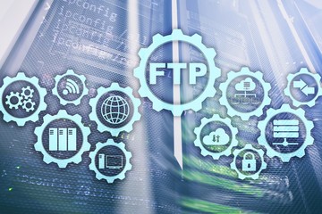 FTP. File Transfer Protocol. Network Transfer data to server on supercomputer background.