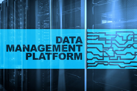 Data management and analysis platform concept on server room background.