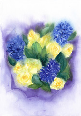 Romantic Bouquet of flowers. Yellow roses and blue hyacinth. Watercolor floral illustration.Wet on wet technique. For invitation, wedding, save the date and greeting card.