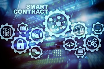 Smart Contract on modern server room background. Business Technology.