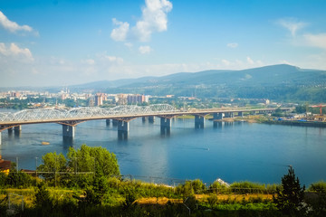 the bridge over the Yenisei river, city view