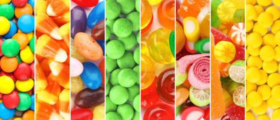 Collage of colorful tasty candies as background