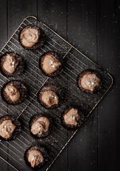 Fairy cakes on a cooling tray with sprinckled icing sugar on a distressed grey wooden background