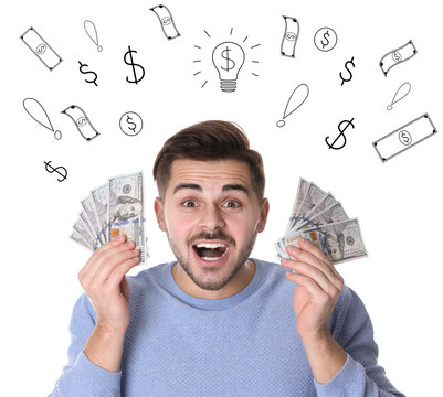 Portrait of happy young man with money on white background