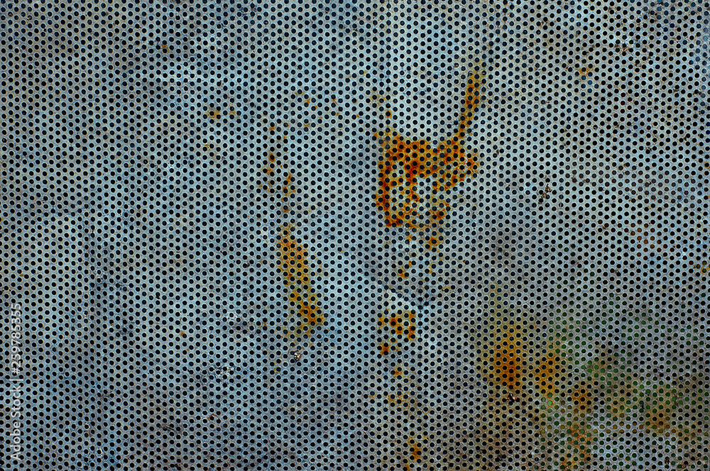 Wall mural perforated aluminium sheet of metal texture with dirty and rusty surface.