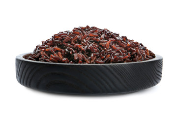 Bowl of cooked brown rice isolated on white