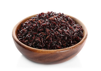 Bowl of cooked brown rice isolated on white