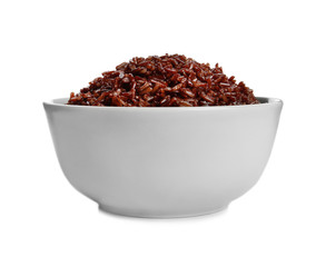 Bowl of cooked brown rice isolated on white