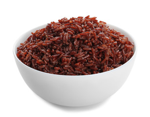 Bowl of cooked brown rice isolated on white