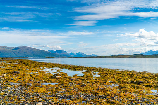 View of the Kvaloya island across the fjord from Hakoya in Troms county, Norway.