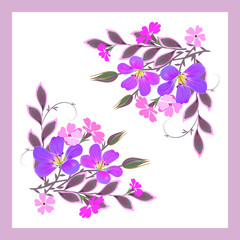 Vector floral pattern for design scarf, scarf, textile. Violet and pink flowers with decorative leaves and buds in a pink frame on a white background.