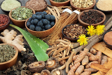 Adaptogen food with herbs, spices, fruit,flowers and supplement powders. Used in herbal medicine to help the body resist the damaging effect of stress and restore normal physiological functioning.