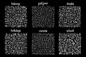 Hand drawn icons set and elements pattern. Digital illustration, bakery doodles elements, holidays seamless background. school and alcohol drinks. Vector fast food sketchy illustration