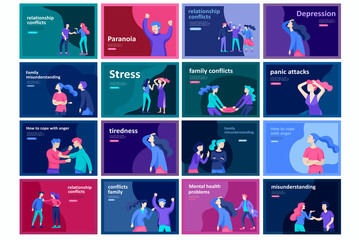 Vector people in bad emotions, character in conflict, angry or tired and in stress. Aggressive people yell at each other. Colorful flat concept illustration. - obrazy, fototapety, plakaty