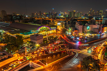Bangkok Hua Lamphong Railway Station at Twilight. Traffic on the streets. Bird eye view, Bangkok ,Thailand-April 2019: 