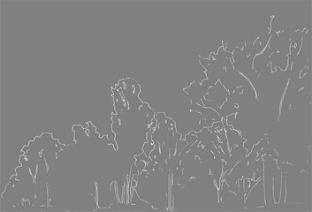 Trees and bushes sketch. Landscape linear drawing. Hand drawn illustration. Forest on white background. Black Line style design. Wild nature.