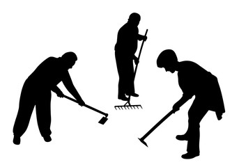 Agricultural farmers working in the field with hoe and rake