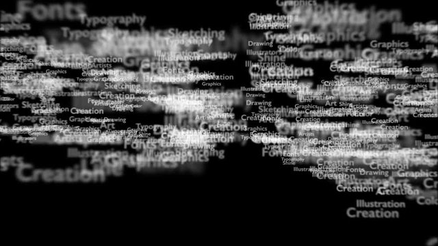 Black background with different words, which deal with design. Close up. Copy space. 3D. Animatiom. 4K.