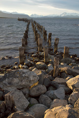 Old pier structure at Puerto Natales, Chile at sunset