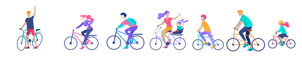 Young woman and man ride the bike, family and friends riding bicycles. Mom, dad and children on bike and cycling together. Sports outdoor activity. Cartoon vector illustration © merfin