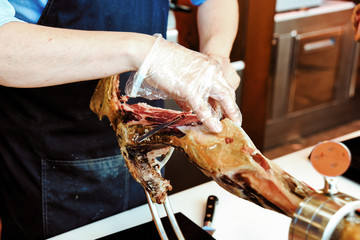 Dry Spanish ham, Jamon Serrano, Bellota, Italian Prosciutto Crudo or Parma ham, whole leg