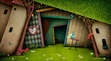 Conceptual fantasy bright background on the fairy tale Wonderland with  magic door and tree.  - obrazy, fototapety, plakaty