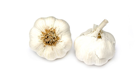 Ripe garlic fruit on white background
