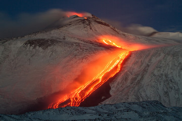 Etna volcano - lava flows and strombolian explosions from Southeast Crater - Snow landscape