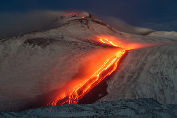 Etna volcano - lava flows and strombolian explosions from Southeast Crater - Snow landscape