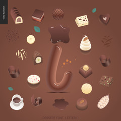 Dessert font - letter I - modern flat vector concept digital illustration of temptation font, sweet lettering. Caramel, toffee, biscuit, waffle, cookie, cream and chocolate letters