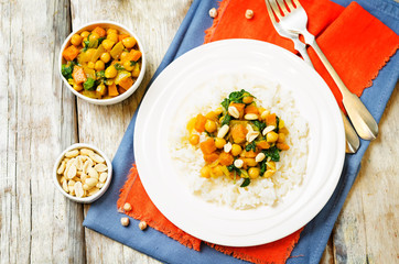 Sweet potato spinach chickpea curry with rice